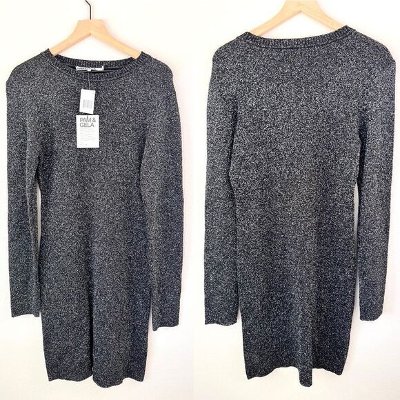 NWT Pam & Gela Lurex Metallic Mini Sweater Long Sleeve Dress M - Picture 6 of 8